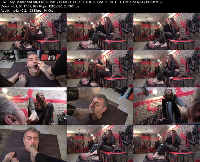 Lady Scarlet and NINA MOROVIC - DOUBLE FOOT GAGGING WITH THE HEAD BOX hd | FemDom | Kinkmixer